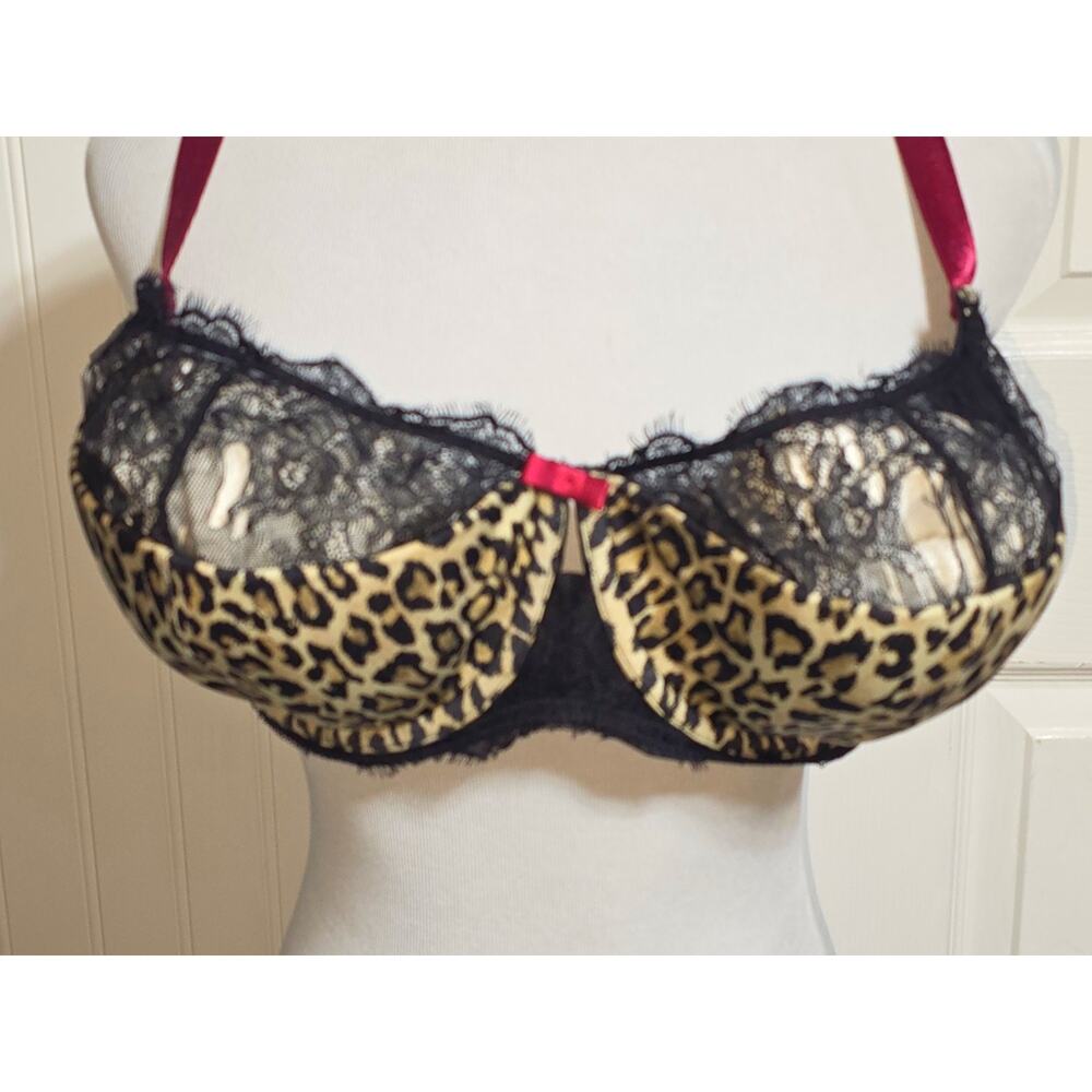 CACIQUE Bra Womens 42DDD Balconette Animal Print Adj Strap Cheetah Black Lace - Picture 2 of 8
